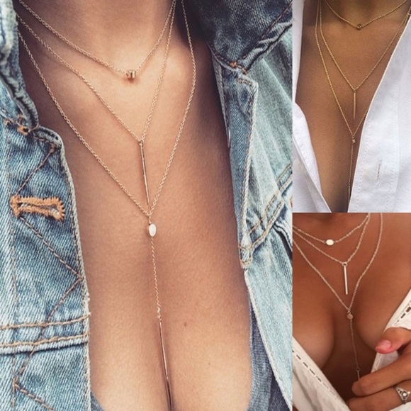 ⭐️ Awesome Triple 3 Layered Bars And Circles Boho Tassel Necklace Silver Or Gold - Picture 10 of 15